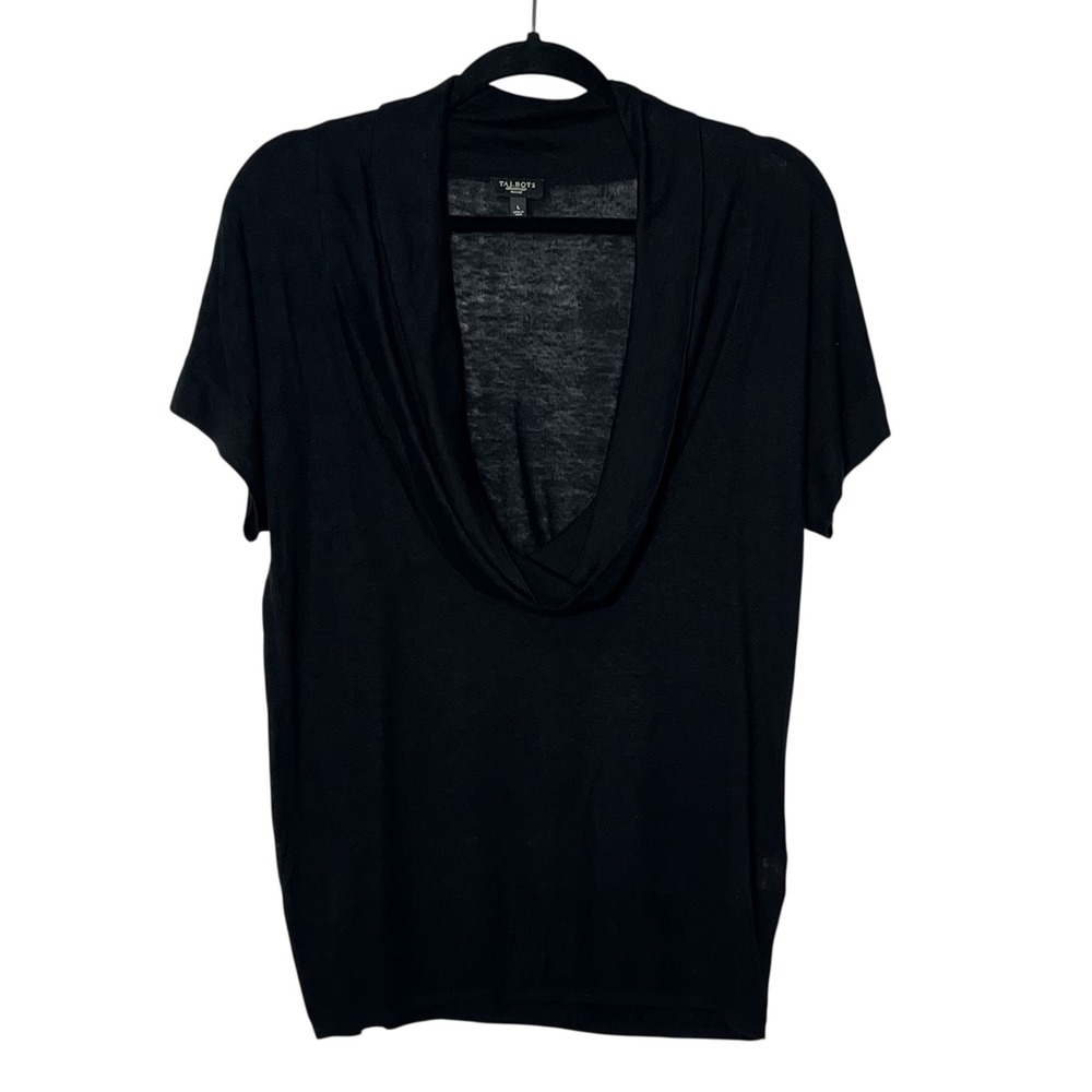 Talbots Petites Black Linen Blend Cowl Drape Neck‎ Short Sleeve Knit Top Size L